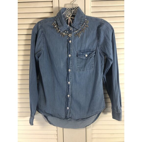 Jean Button Up  Size 10/12 Shirt Rhinestone Embellished Collar - Picture 1 of 7